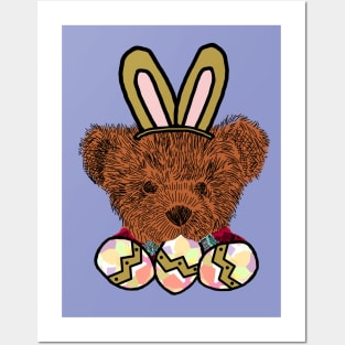 Happy Easter Bunny Ears on Teddy Bear Eating Easter Eggs Posters and Art